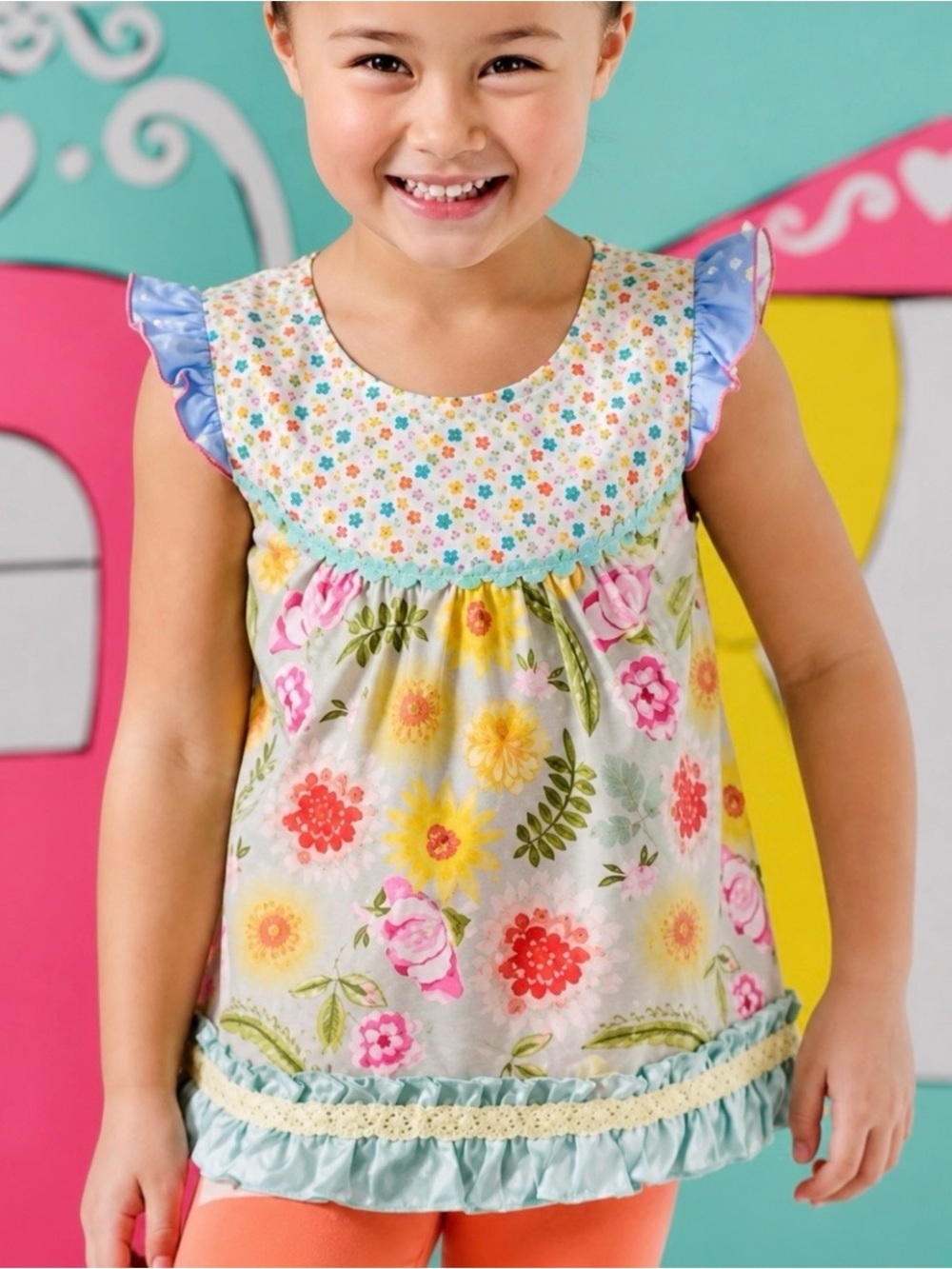 Matilda Jane Girls Size 6, Floral Sorbet Shabby Flutter Top Tunic Cotton Blend